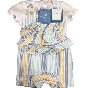 NWT Caribbean Joe Overalls 3 Piece Set Baby 6-9 M Nautical Stripes Hat Shoe/Sock